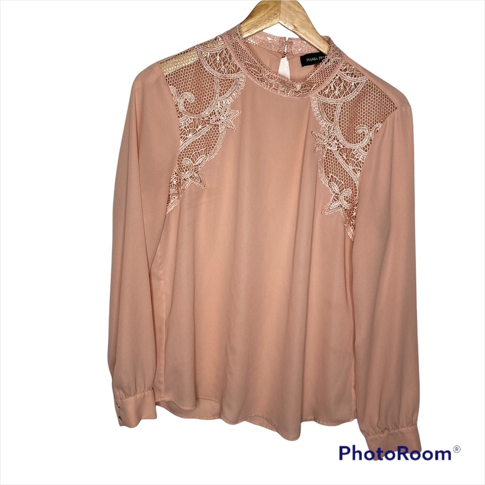 Ivanka Trump Light Pink Mock Neck Lace Shoulder Blouse Top